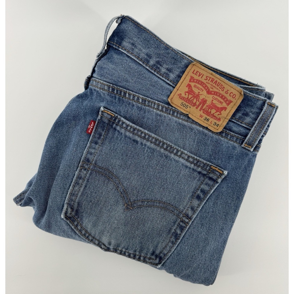 Levi's 505 Size 36x34 Blue Denim Jeans Regular Fit Straight Leg Distressed